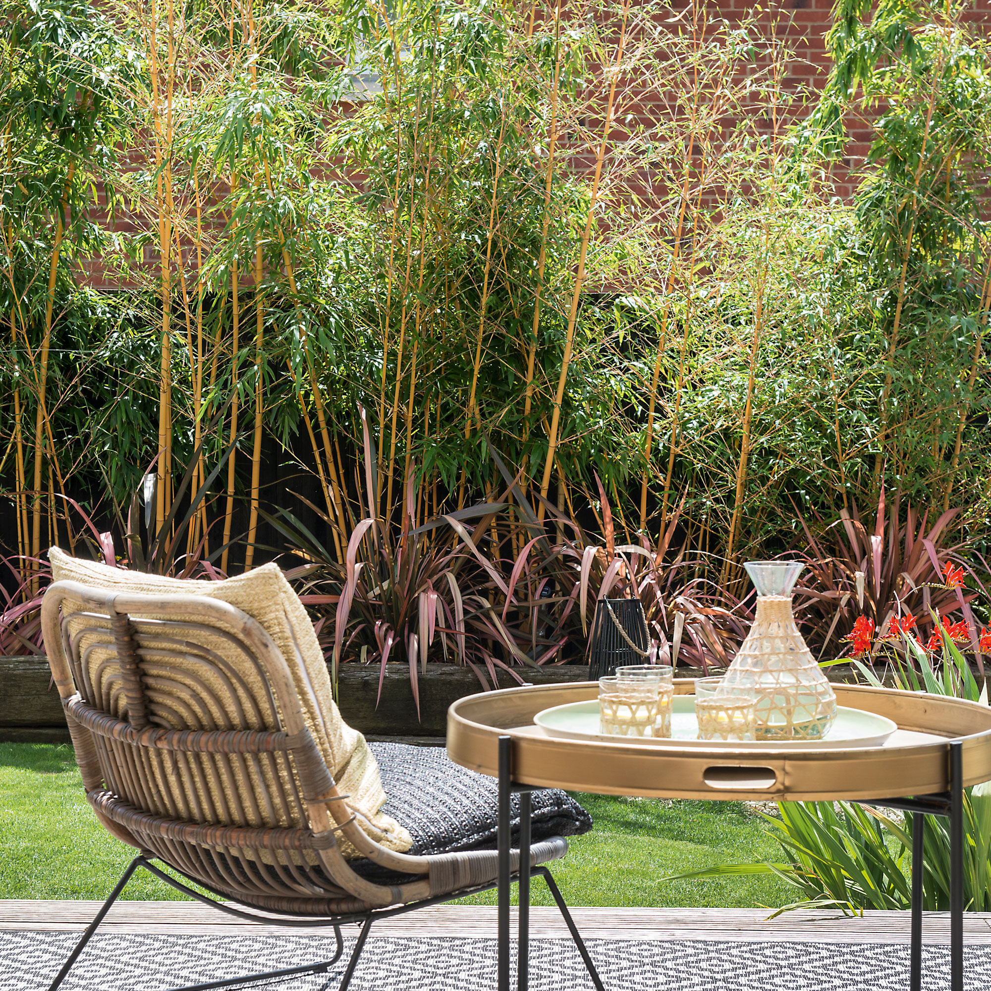 Conversation set with table and chair, overlooking a screen of bamboo plants