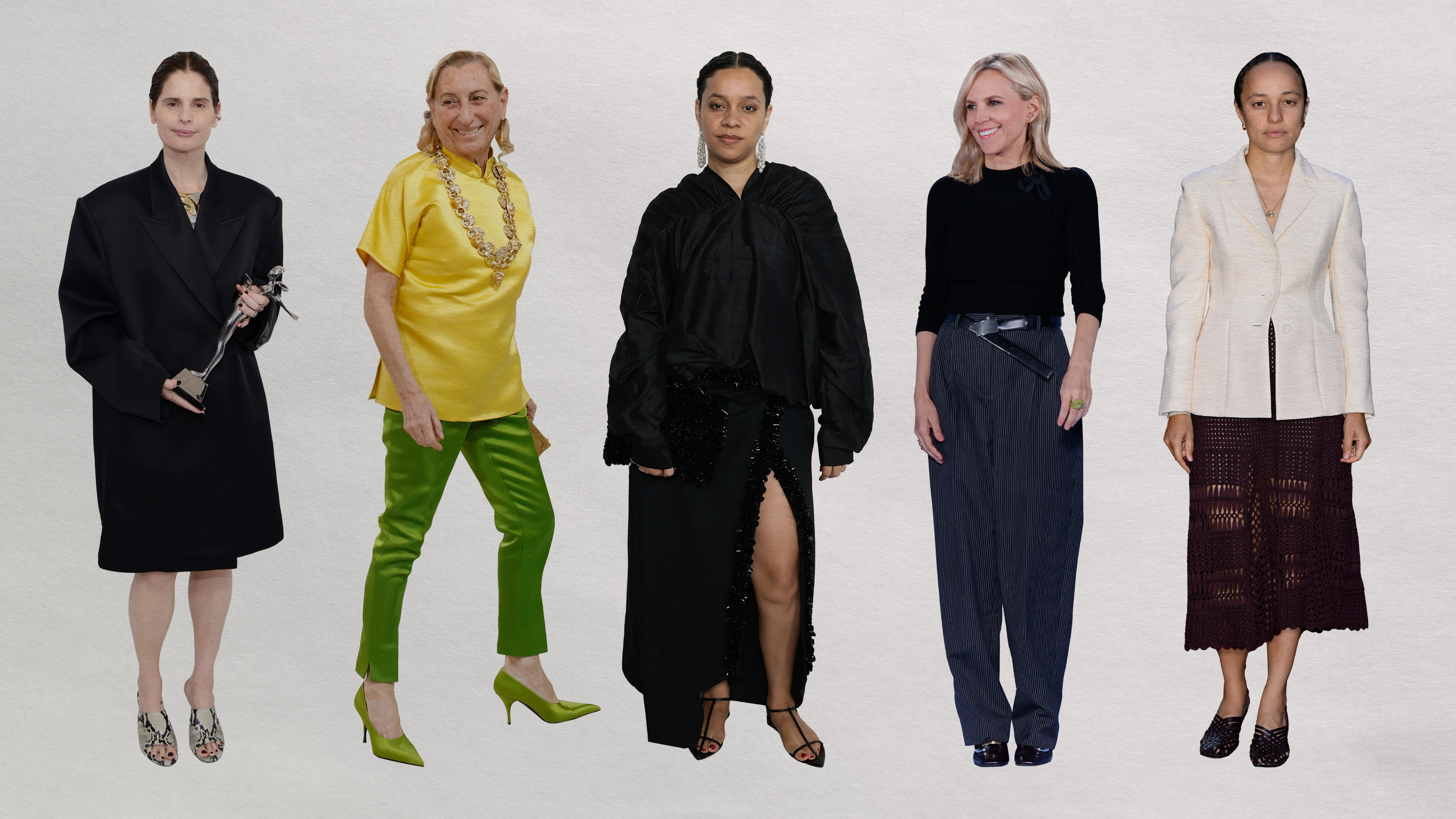 A collage of women designers available at Nordstrom: Miuccia Prada, Rachel Scott, Tory Burch, Grace Wales Bonner, Catherine Holstein