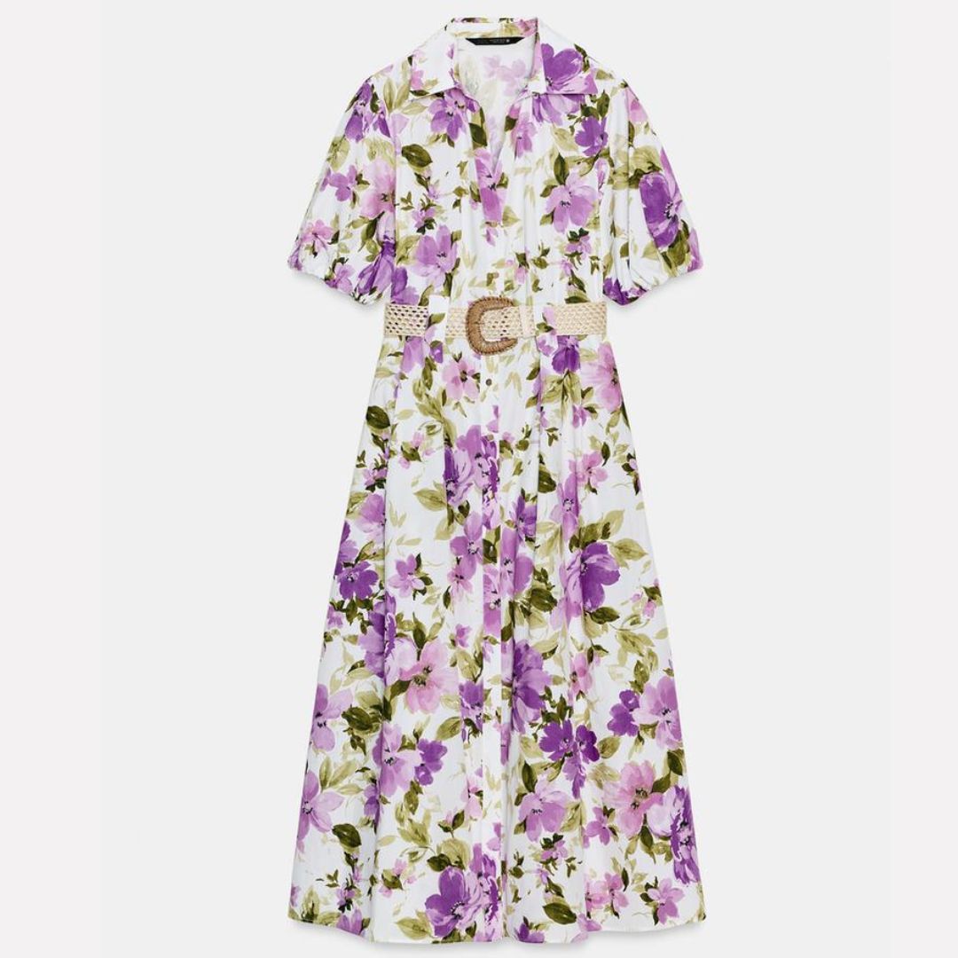 Zara Floral Print Belted Midi Dress
