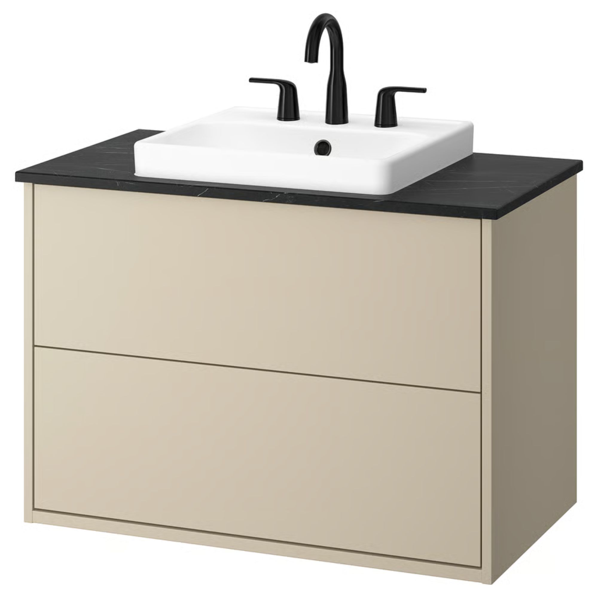 A small, beige floating bathroom vanity with a black marble effect countertop from IKEA