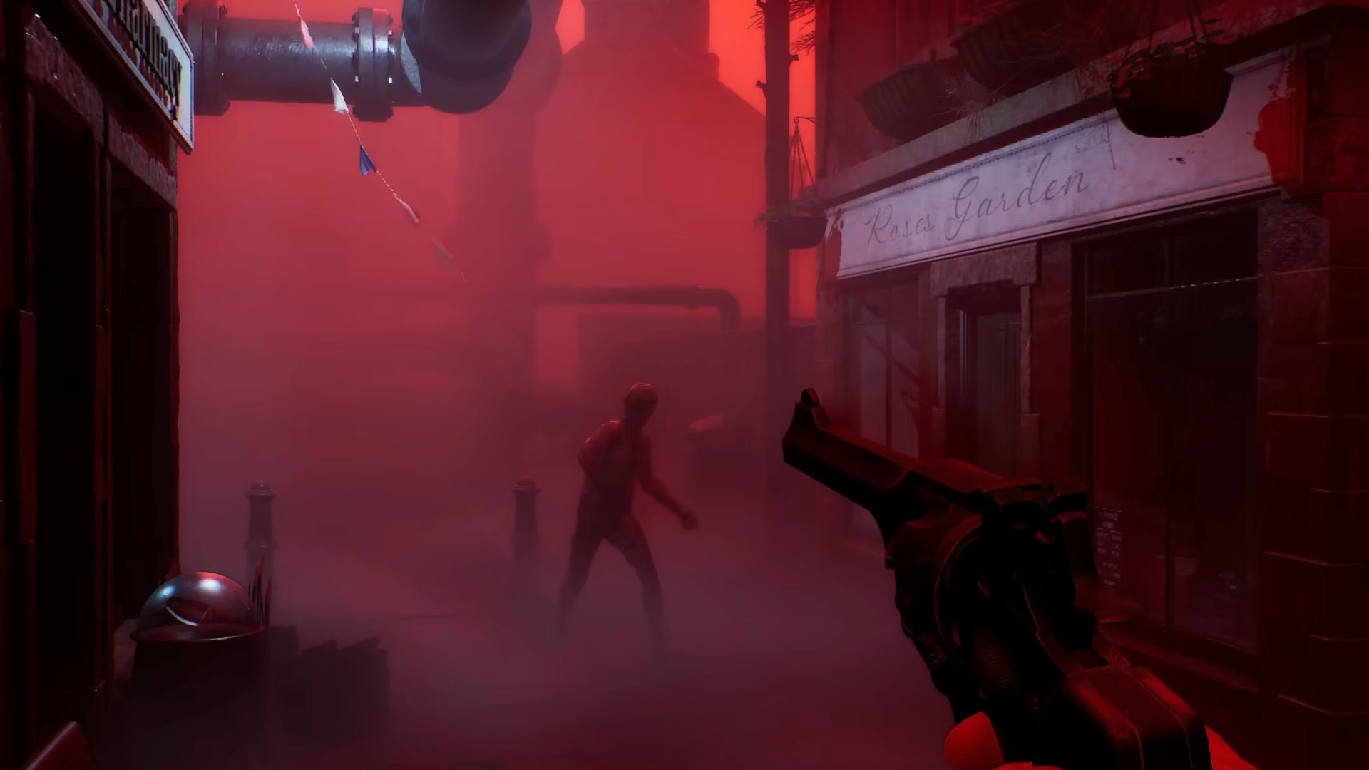 Simon holding a gun at an enemy during the new game, Silent Hill: Townfall