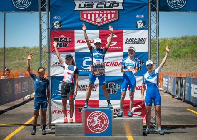 The final elite women's podium, with Katerina Nash (Luna) at the top.