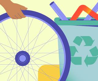 Illustration of someone recycling a bike wheel