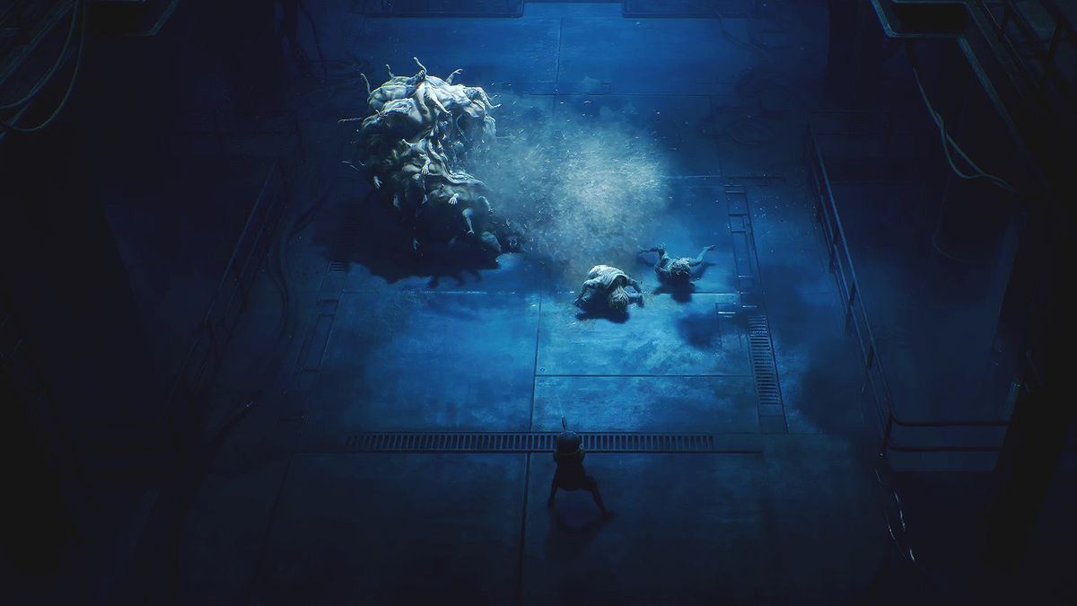 The player aims a gun at a huge mass of fused bodies in a dark metal hallway in End of Abyss, as it spits out smaller creatures