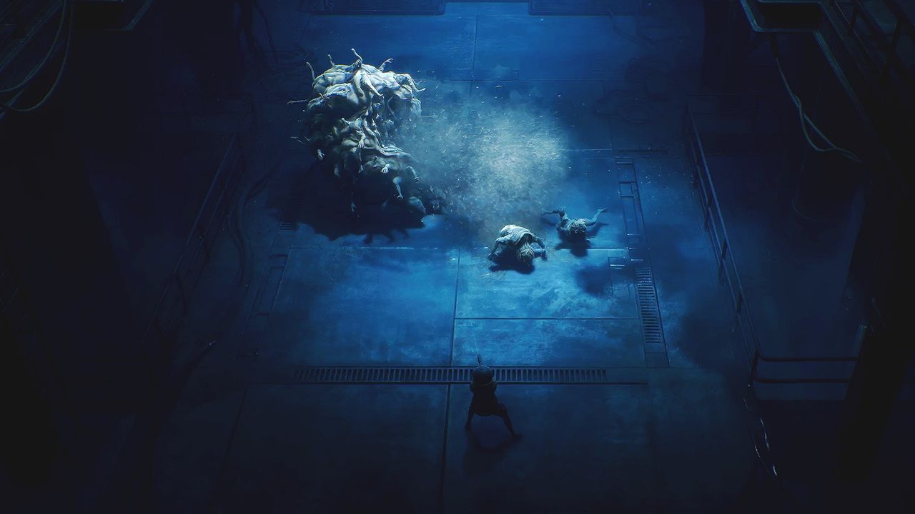 The player aims a gun at a huge mass of fused bodies in a dark metal hallway in End of Abyss, as it spits out smaller creatures