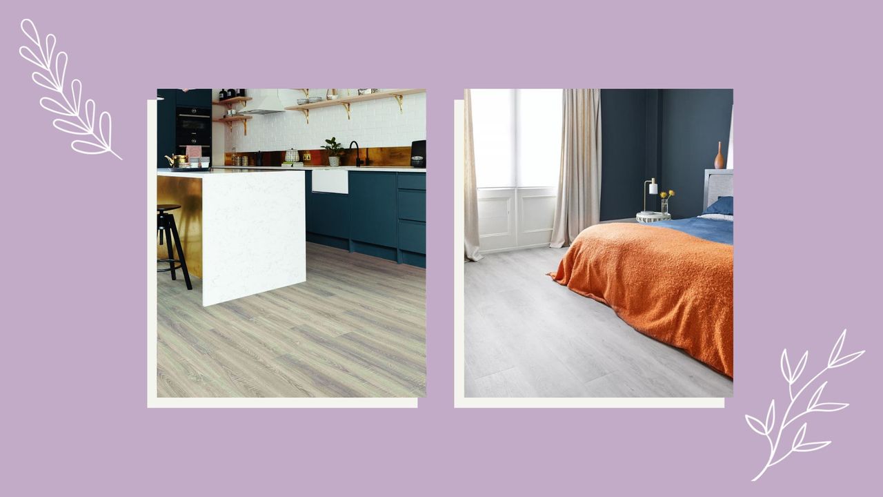 two image of laminate flooring in a kitchen to the left, and a bedroom to the right, against a purple background