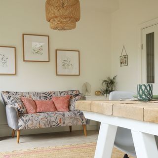 kitchen-diner with seating area with floral sofa