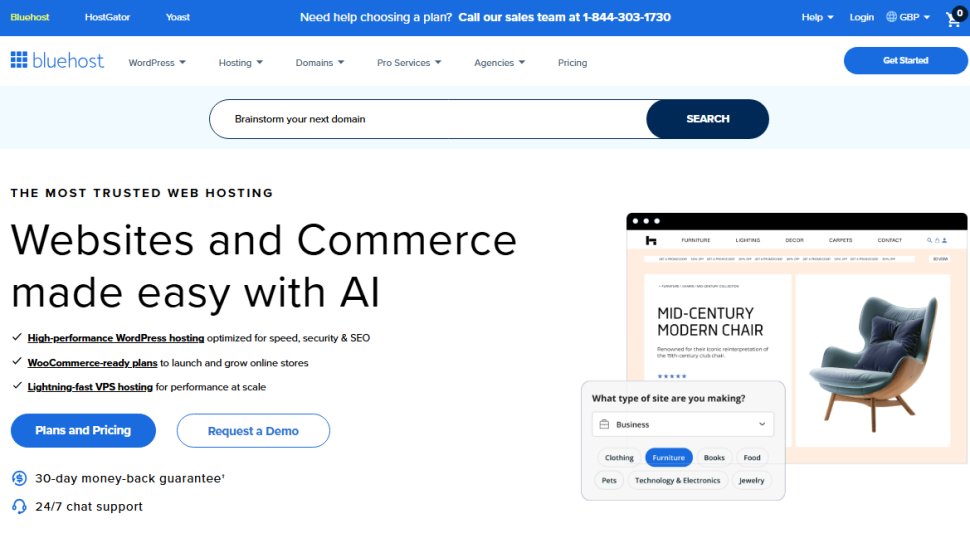 Website screenshot of Bluehost (September, 2025)