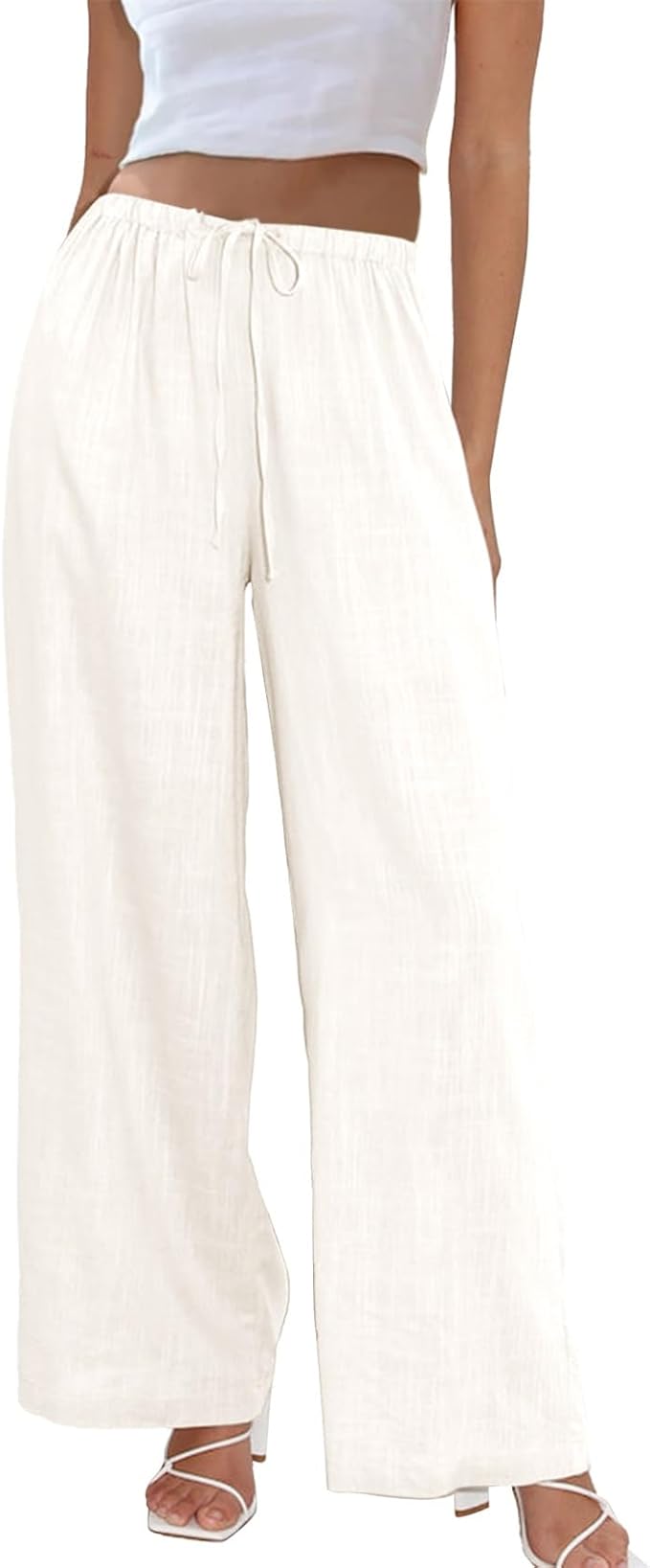 Duyang Womens Cotton Linen Palazzo Pants Drawstring Elastic Waist Casual Wide Leg Trousers With Pockets(apricot,s)