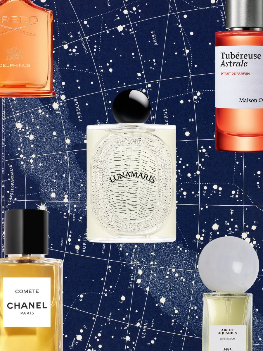 A collage of a night sky map and constellations with celestial-inspired perfume bottles layered on top