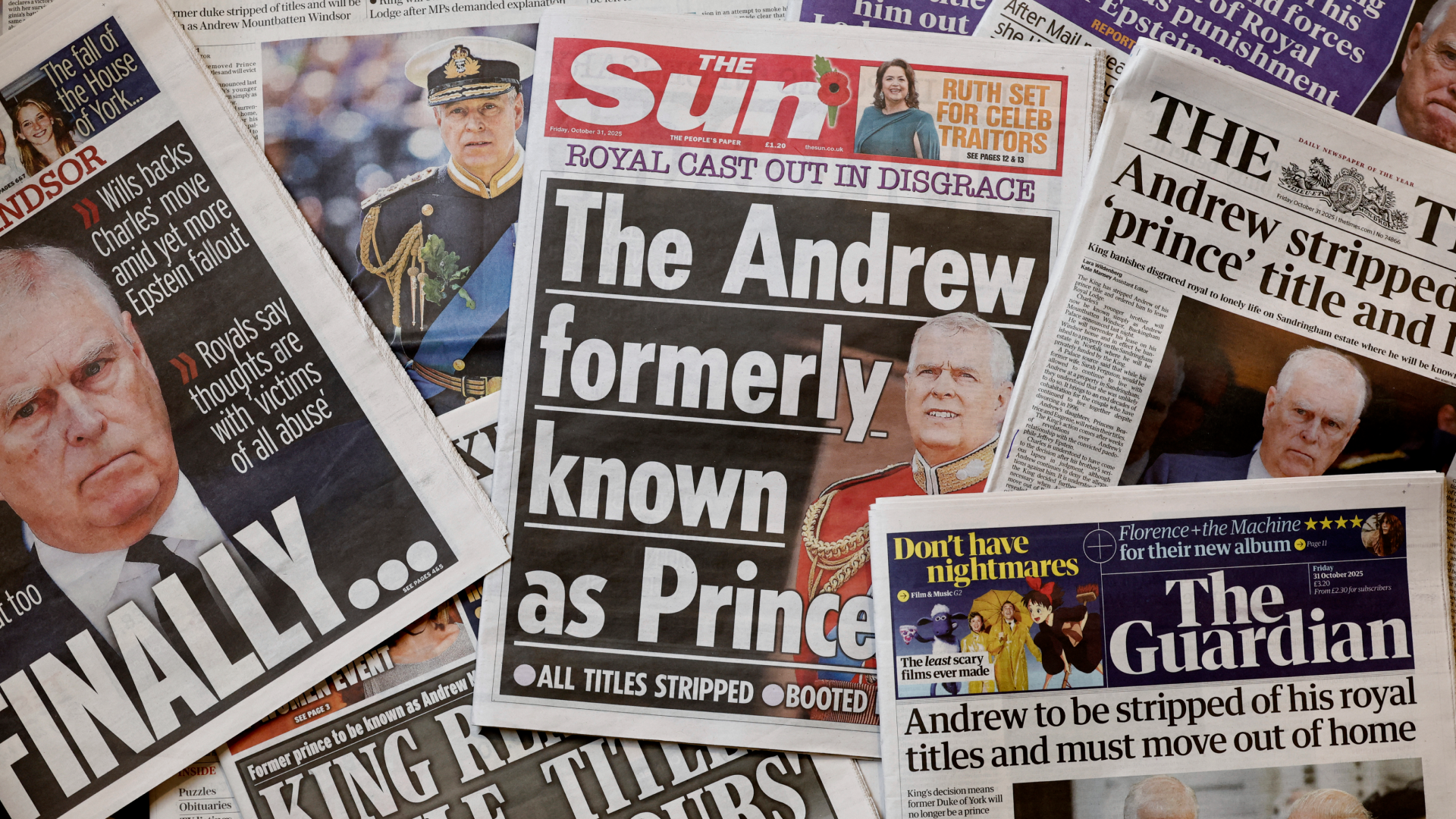 Newspapers with headlines about Prince Andrew's prince title removed