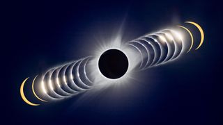 A time-sequence composite of the August 21, 2017 total solar eclipse. In this case, time runs from left to right, from the last filtered partial phases I shot, through unfiltered shots of the rapidly changing last glimmer of sunlight disappearing behind the advancing Moon at Second Contact, forming Bailyâ€™s Beads, to totality at centre. The sequence continues at right with the Sun emerging from behind the Moon in a rapid sequence at Third Contact, followed by two post-totality filtered partials to bookend the total eclipse images. The C3 limb had a beautiful array of pink prominences. The Contact 2 and 3 images were taken in rapid-fire continuous mode and so are only fractions of a second apart in real time. Most are 1/4000th second exposures. The totality image is a blend of 7 exposures, from 1/1600 second to 1/15 second to preserve detail in the corona from inner to middle corona. These were aligned, and merged into a smart object and blended with a Mean combine stack mode. The partials are 1/2500-second exposures through a Thousand Oaks metal-on-glass solar filter for the yellow colour. The placement of the frames here only roughly matches the actual position and motion of the Sun across the sky during the time around totality. Partials and C2 and C3 images layered into Photoshop and blended into the background totality image with a Lighten blend mode, and masked to reveal just the wanted bits of each arc. The site was north of Driggs, Idaho in the Teton Valley, north of the centreline. Thus the diamond rings are above the centre of the Moon's disk.