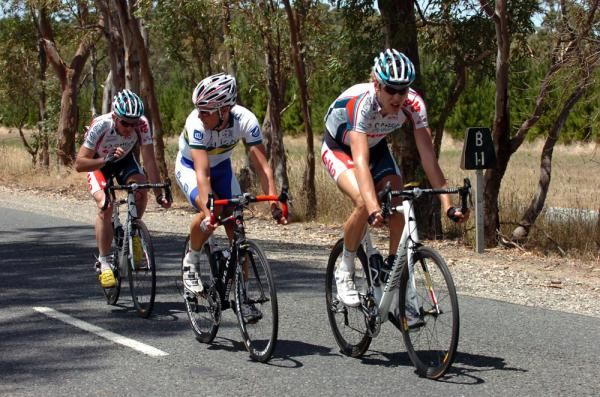 mega Pharma &ndash; Lotto teammates Mickael Delage and Olivier Kaisen with UniSA-Australian National Team rider David Kemp in the break