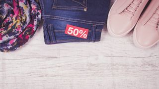 Shoes and clothing with a discount label