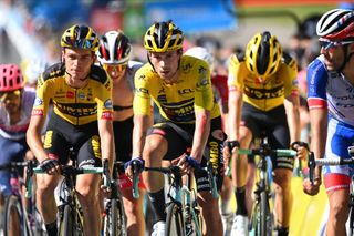 An injured Primoz Roglic (Jumbo-Visma) comes home at the end of stage 4 of the 2020 Critérium du Dauphiné. The Slovenian was a non-starter for the final stage the next day.
