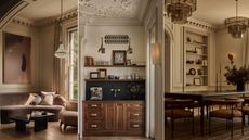 three images together of period home with modern furnishings