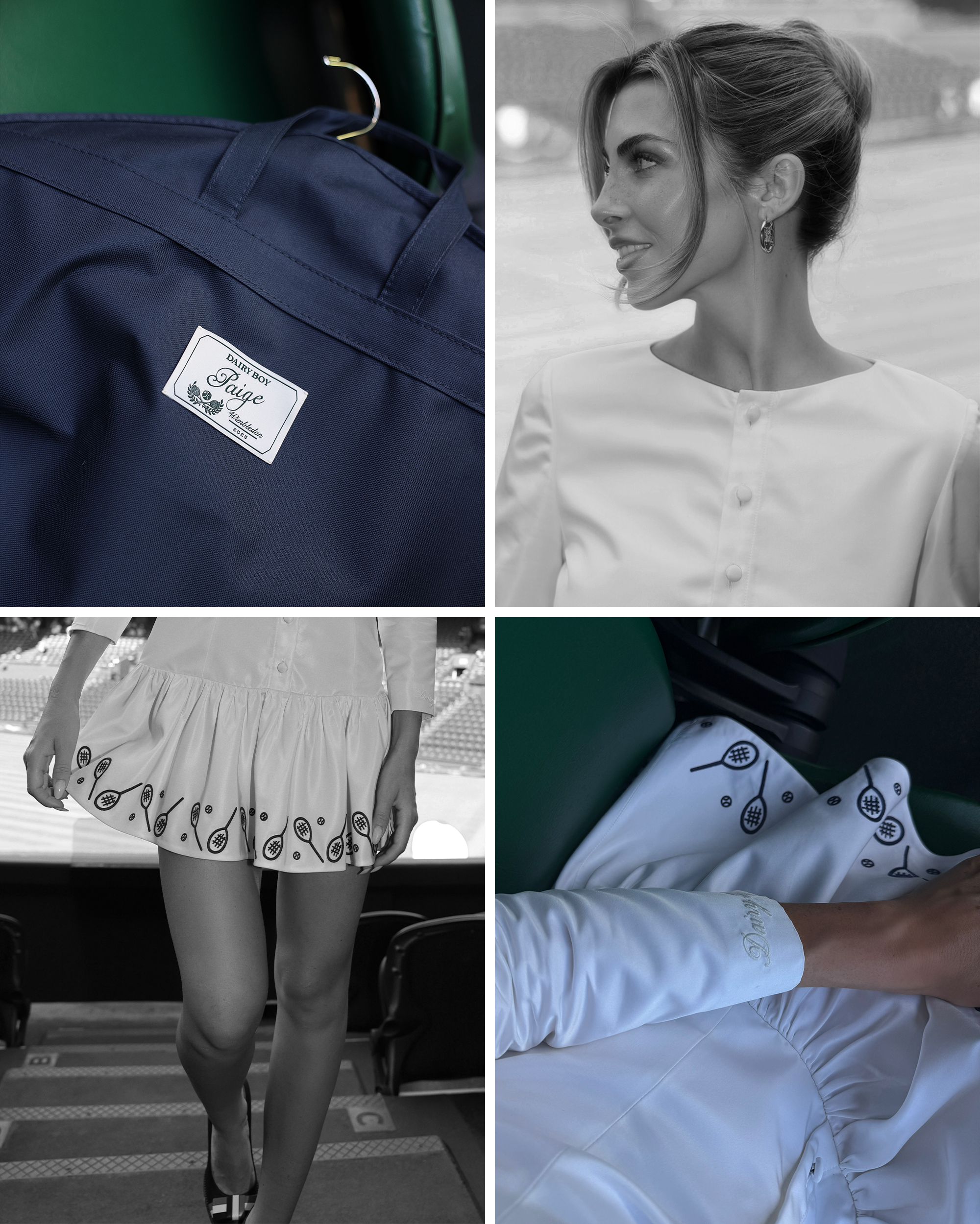 Collage of Paige Lorenze wearing her custom Wimbledon dress.