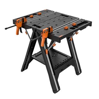 Black and orange Worx Pegasus 2-in-1 Folding Work Table on white background