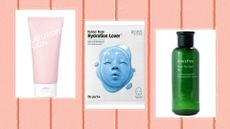Selection of the best Korean skincare products from Saturday Skin, Dr Jart and Innisfree on pink stripy background