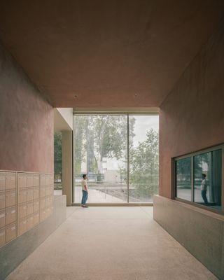 wood up wood architecture timber tower gridded facade, blocky construction in paris landscape