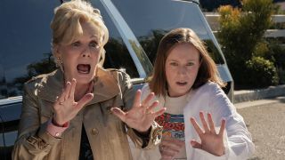 Jean Smart and Hannah Einbinder as Deborah Vance and Ava Daniels looking startled in Hacks Season 5. Photograph by Kenny Laubbacher/HBO Max.