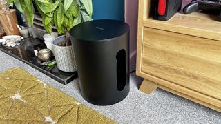 En svart Sonos Sub Mini står på gulvet i en stue ved siden av et TV-stativ og en potteplante.