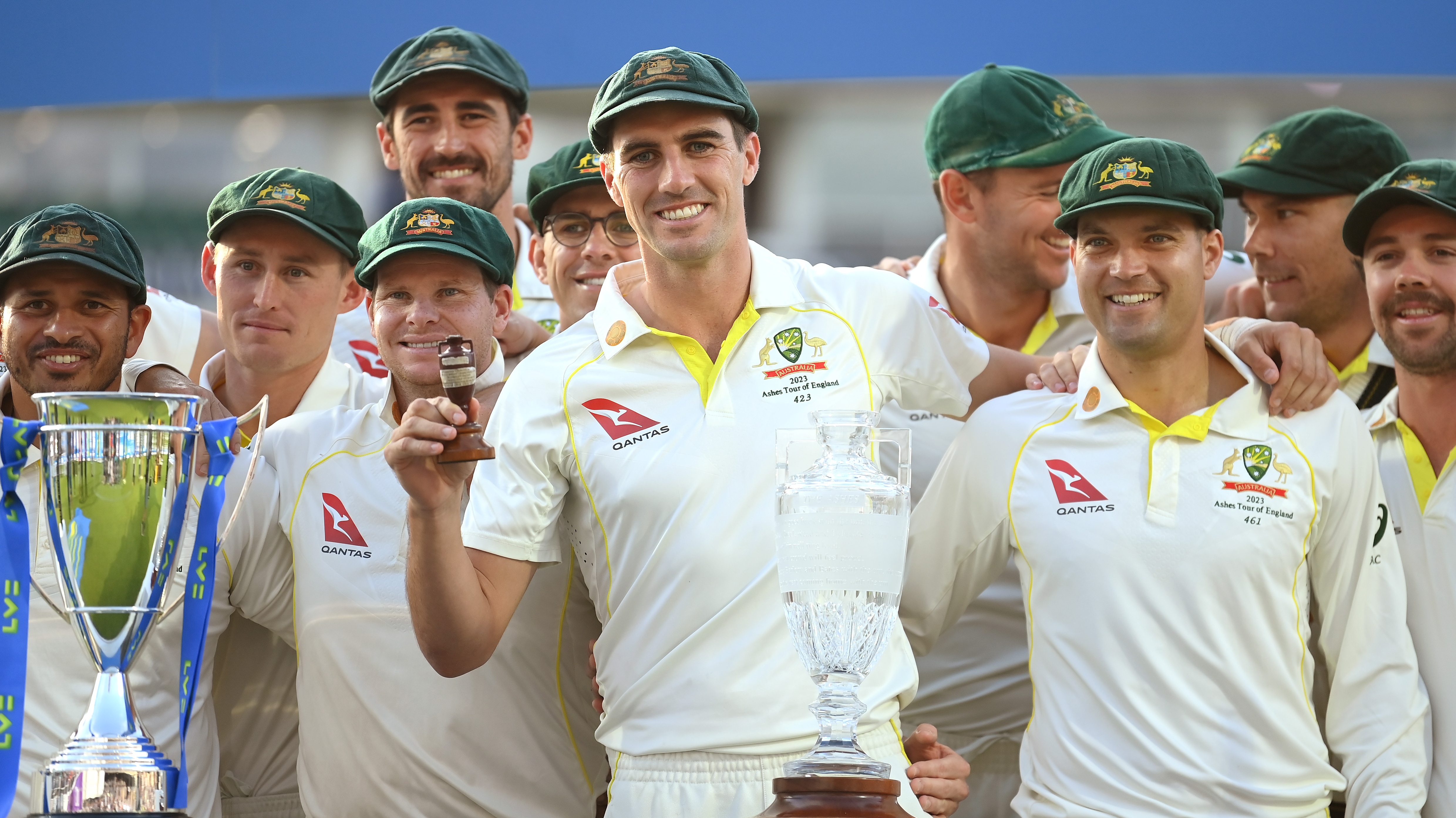 Pat Cummins of Australia lifts the Ashes Urn after retaining the Ashes after Day Five of the LV= Insurance Ashes 5th Test Match. between England and Australia at The Kia Oval on July 31, 2023 in London, England.