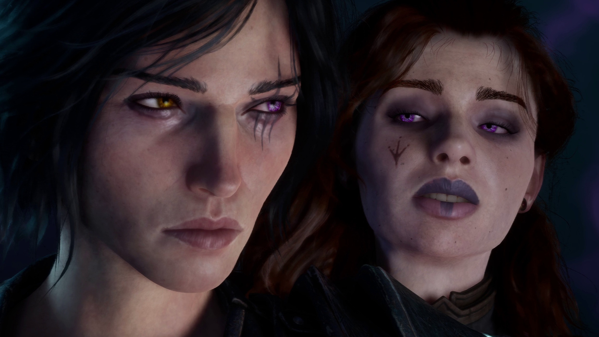 A close-up of Kaatri in Warlock: Dungeons &amp; Dragons who has heterochromia and a scarred eye, and another woman who appears to be whispering over her shoulder, cropped for a header image