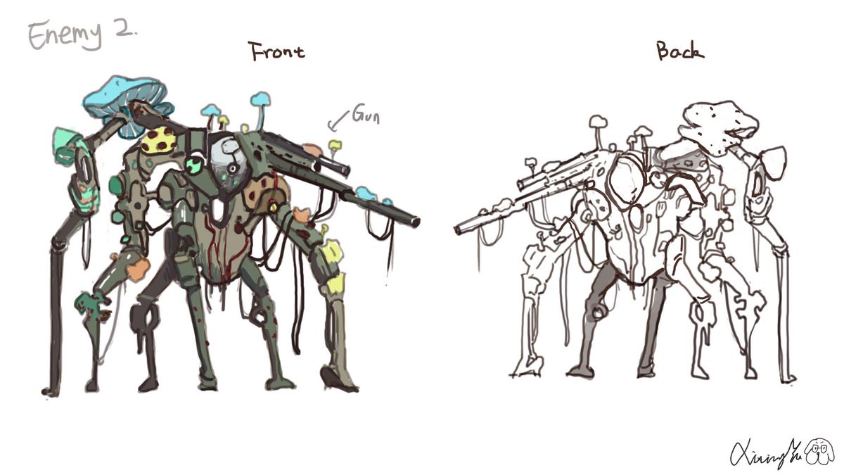 Concept art and screenshots from sci-fi shooter Mycopunk