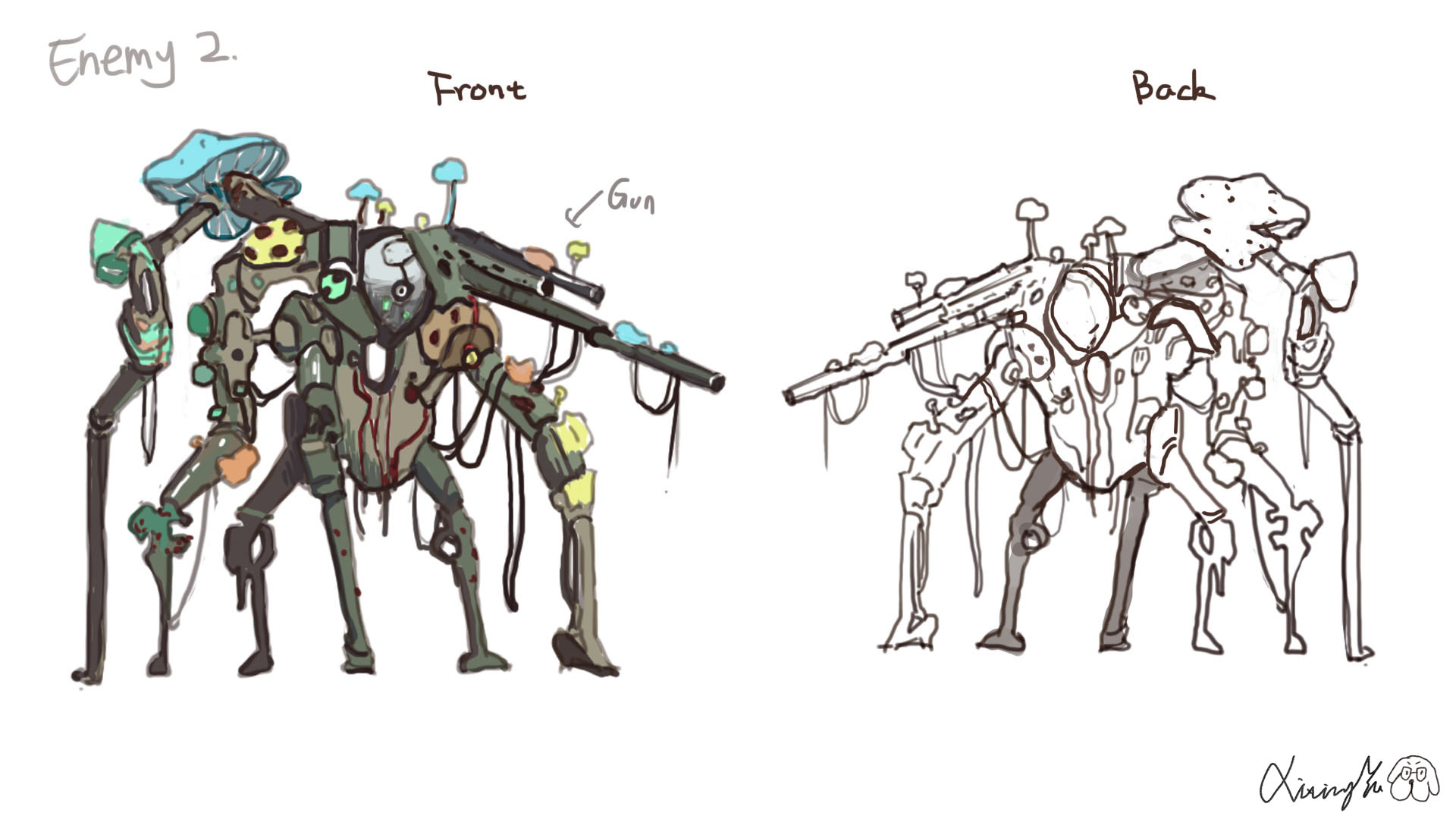 Concept art and screenshots from sci-fi shooter Mycopunk