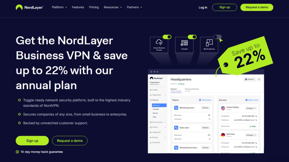 Website screenshot of NordLayer (August, 2025)