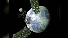 Artist's conceptions of a solar power satellite, dubbed the Integrated Symmetrical Concentrator SPS concept.