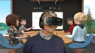 Bill gates wearing a VR headset in a Metaverse VR office