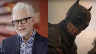 James Gunn being interviewed on CBS This Morning/ Robert Pattinson with a dirty face in Batman cape and cowl for The Batman. (side by side image)