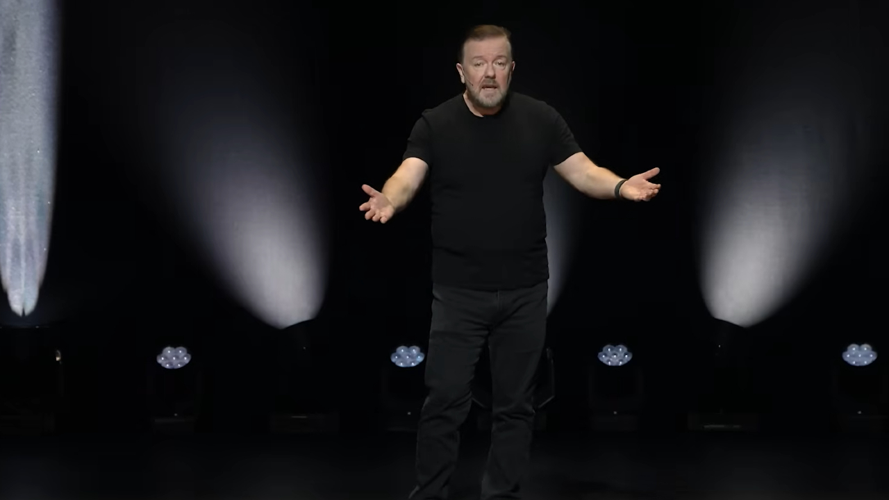 Ricky Gervais performing in his new special, Mortality
