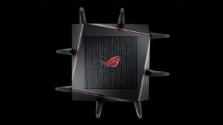 Asus ROG router pictured from the top downon a black background