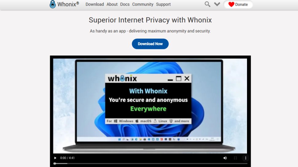 Website screenshot of Whonix (August, 2025)