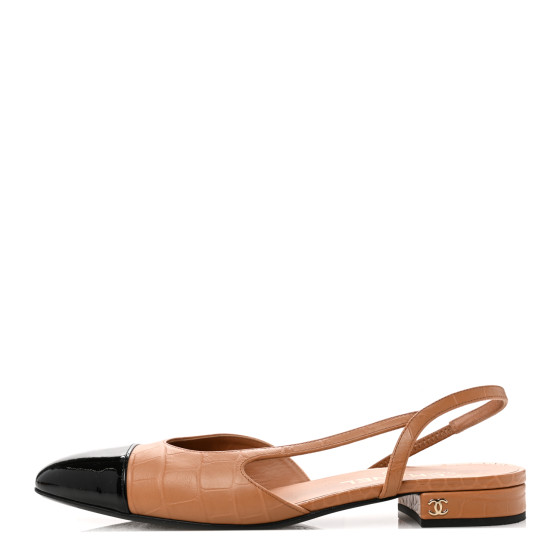 Chanel Calfskin Crocodile Embossed Patent Cap Toe Cc Slingback Flats 39 Light Brown Black