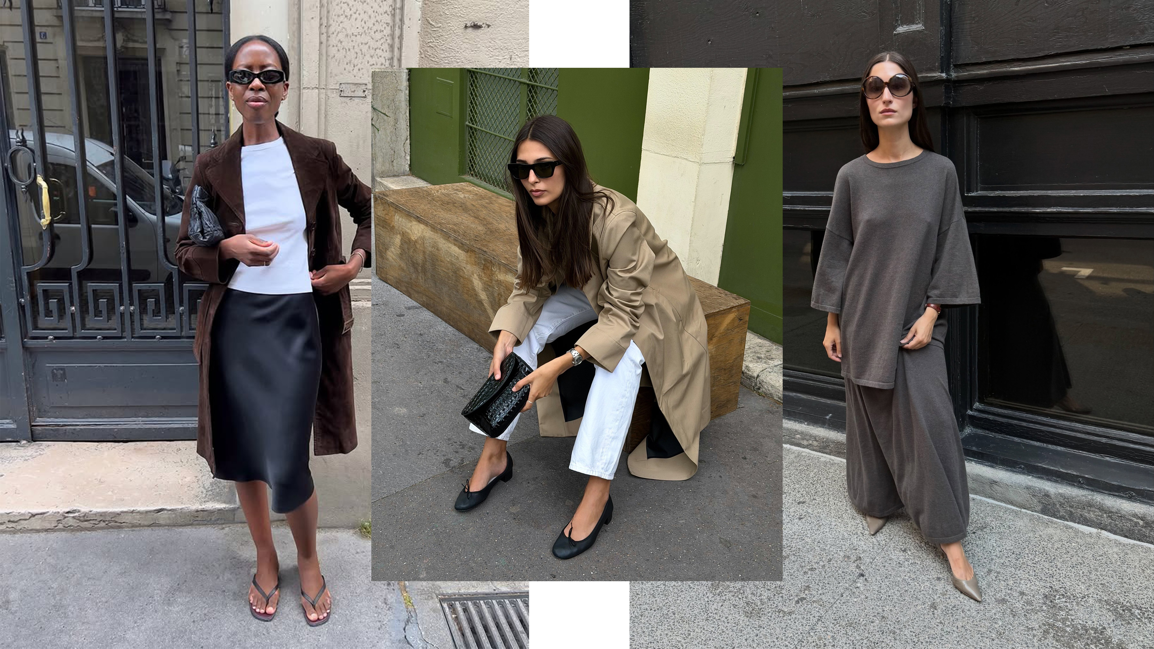 A collage of three women in summer-to-fall transitional outfits.