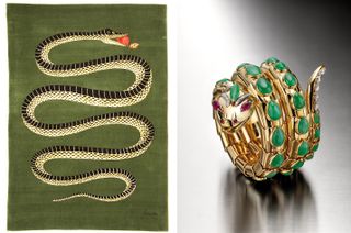 Amiamo il Serpente by Fornasetti and 1968 Bulgari Serpenti bracelet in gold with jade, rubies and diamonds