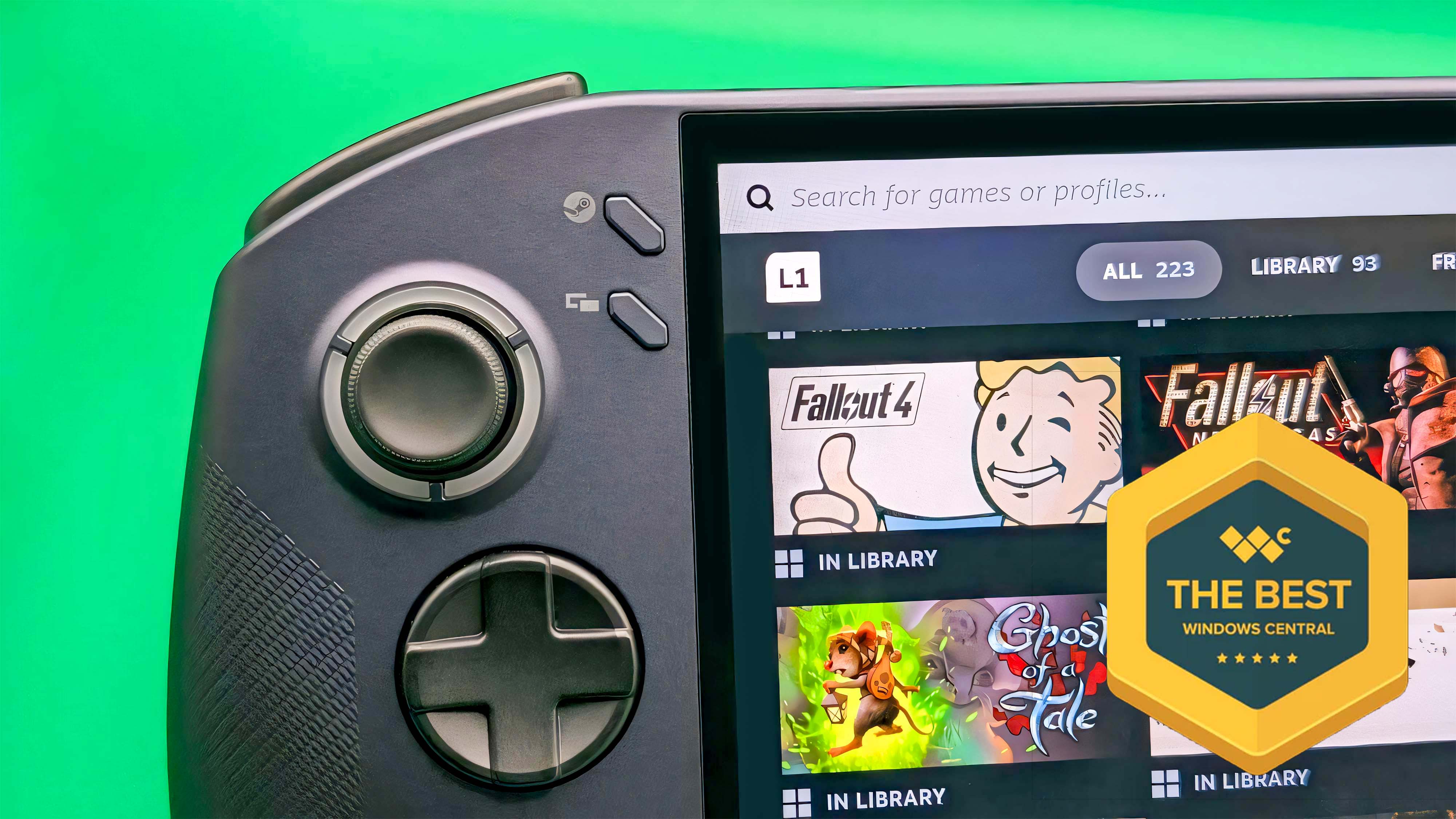 A closeup image of the Lenovo Legion Go S SteamOS's left side controls while it displays a Steam library. There is a yellow badge on the bottom left of the image that reads "The Best Windows Central."