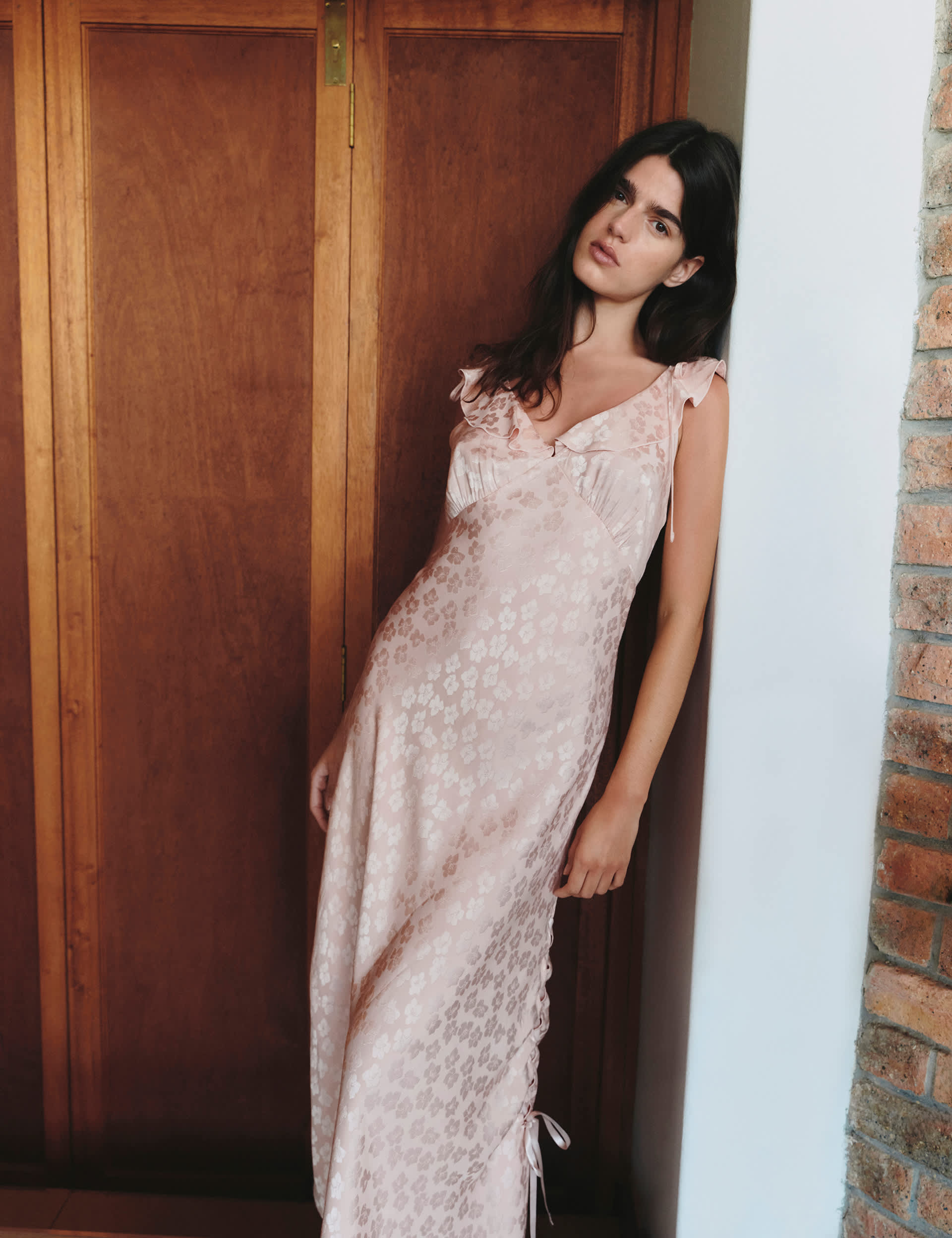 Satin Jacquard Ruffle Detail Dress