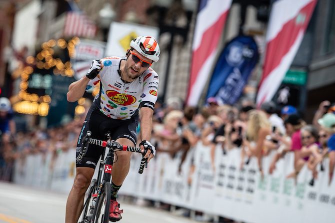 Jacob Rathe (Jelly Belly) celebrates his third place finish at the US Pro Road Race National Championships on June 24, 2018 in Knoxville, Tennessee