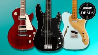 Two electric guitars and a bass guitar on a turquoise background