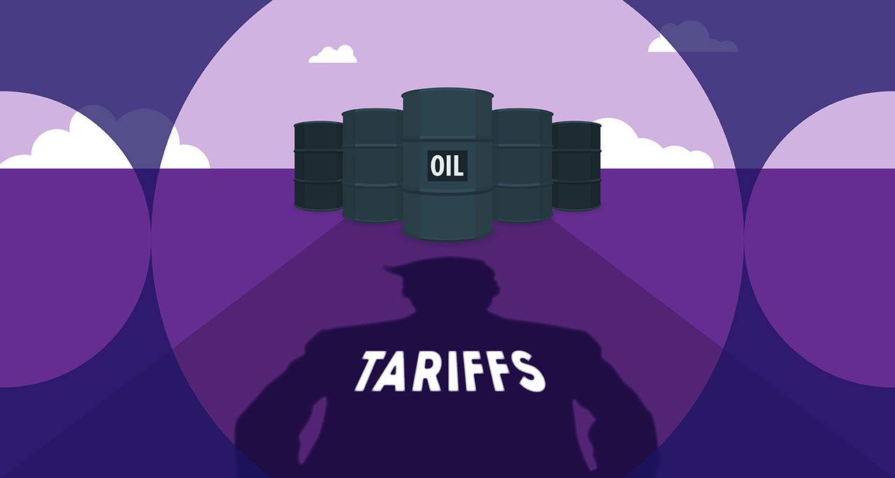 Illustration of Donald Trump&#039;s shadow with the word &quot;tariffs&quot; on his back plus oil in the distance.