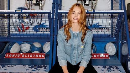 Lily James, denim outfit 