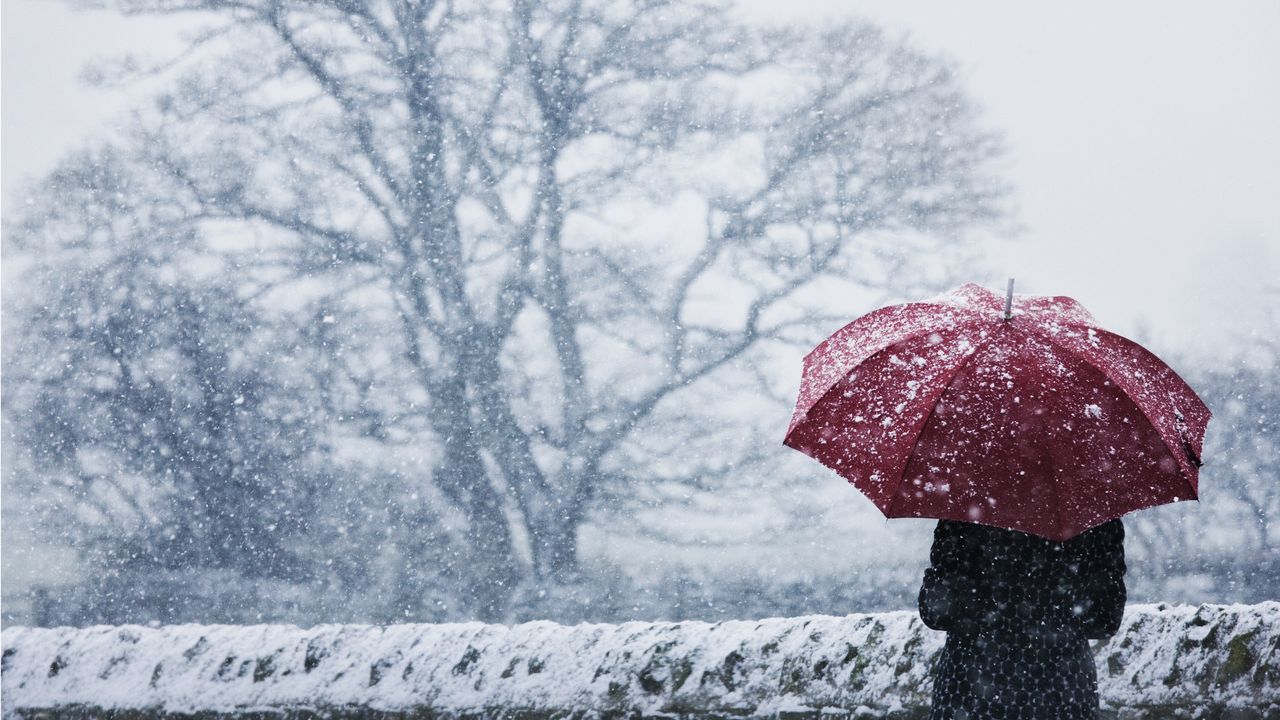 A woman holds a red umbrella in a snowstorm.