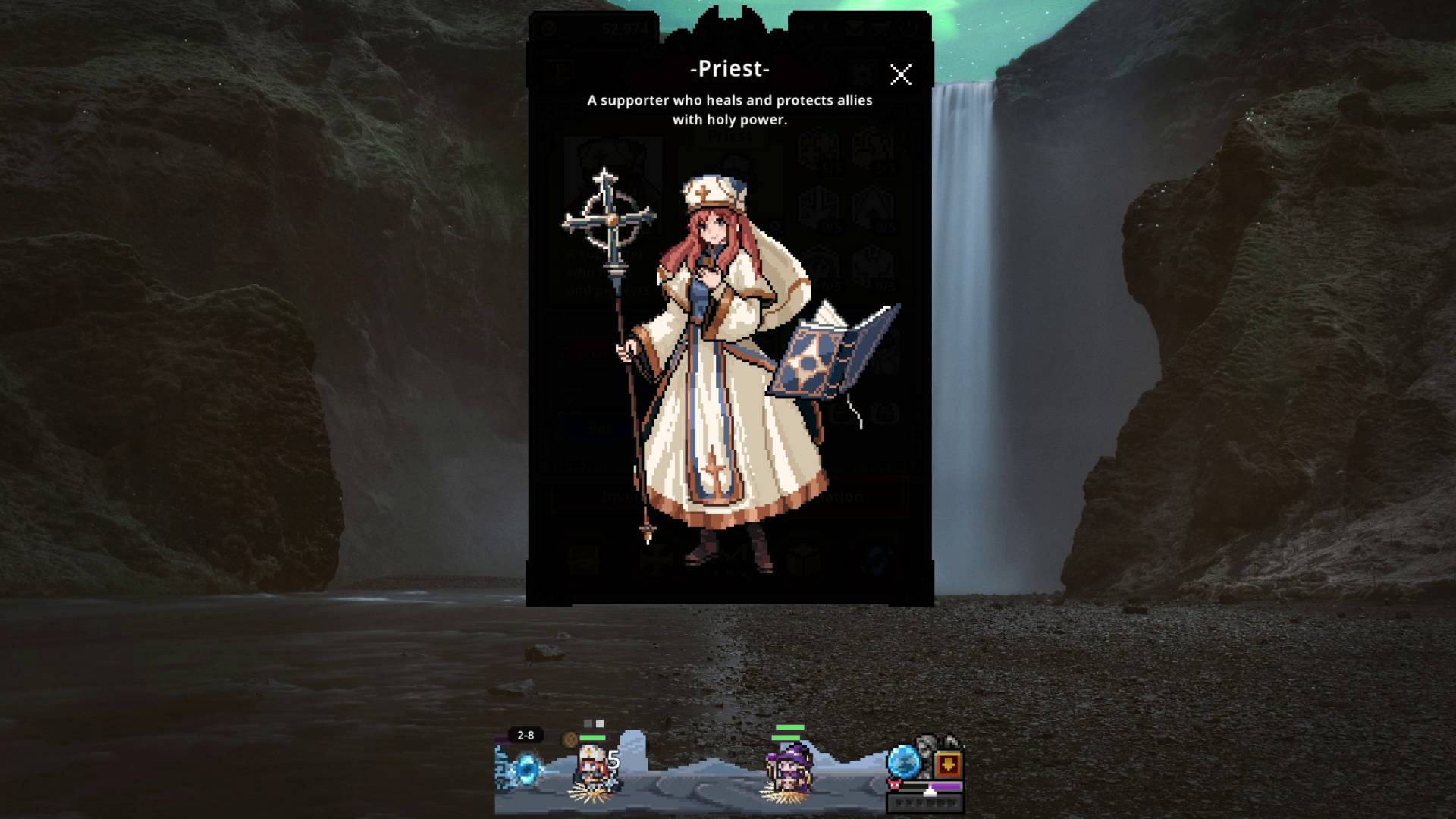 Task Bar Hero Priest pixel character artwork depicting a woman with red hair dressed in light robes holding a scepter while a book floats nearby