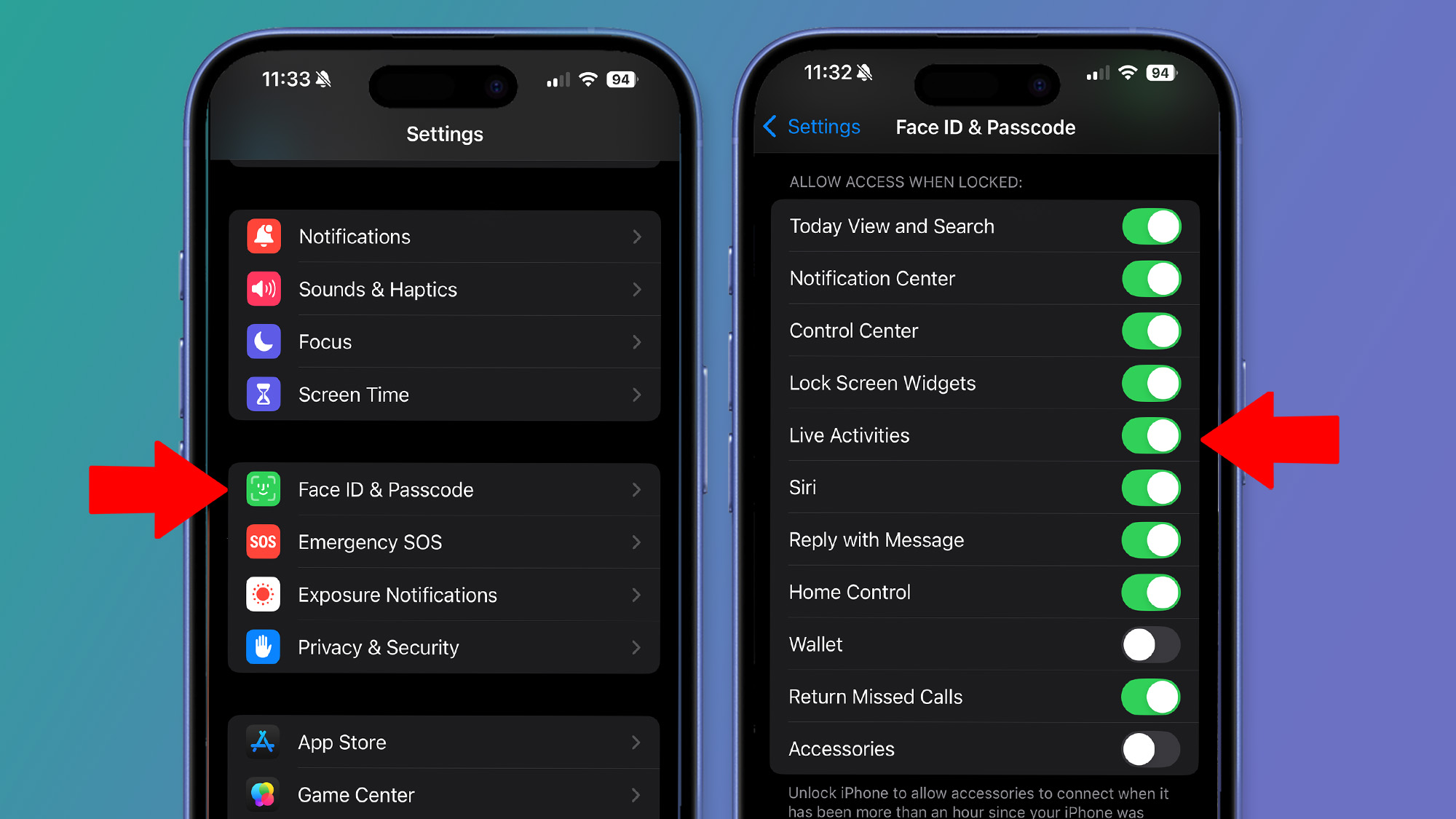 Two iPhones on a green and blue background showing how to turn on Live Activities