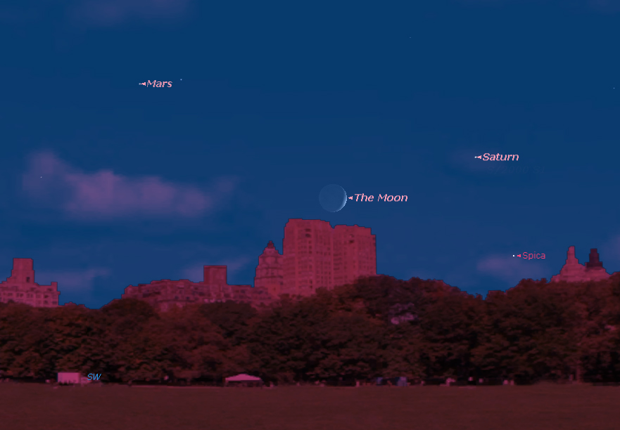 This sky map shows the location of Saturn, as well as the moon, Mars and bright star Spica,as they will appear at about 7:15 p.m. to observers on Sept. 17 in mid-northern latitudes. 